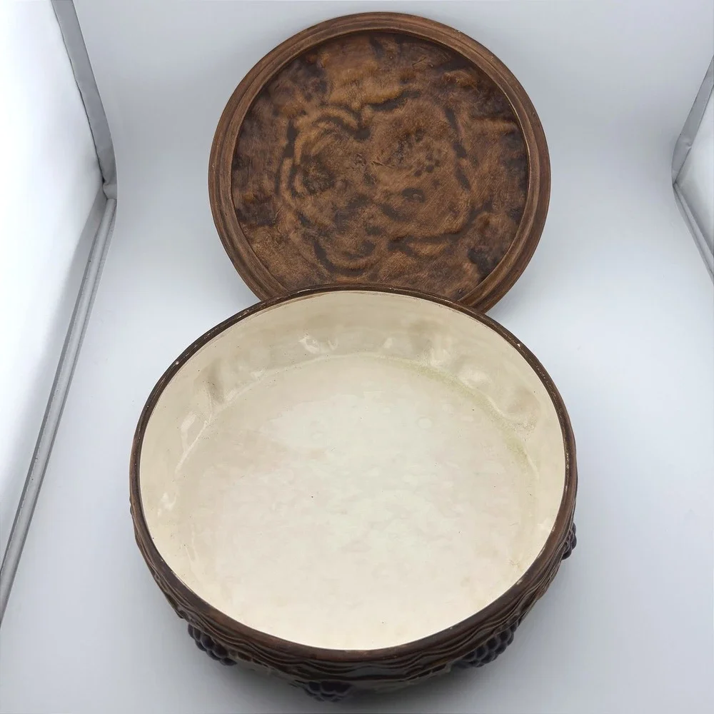Vintage 1968 Arnels Ceramic Grapes Vines Lidded Dish Brown‎ Purple Rustic MCM